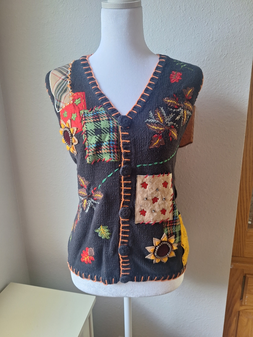 Holiday Editions Black Embroidered Patchwork Knit Vest with Sunflower Accents